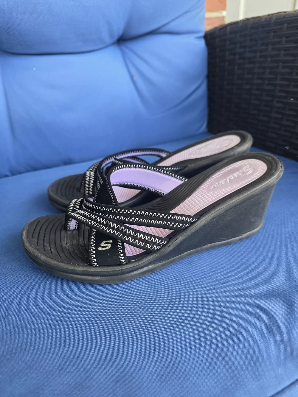 Skechers Black Purple Comfort Sandals Slip‑On Strappy Walking Slides